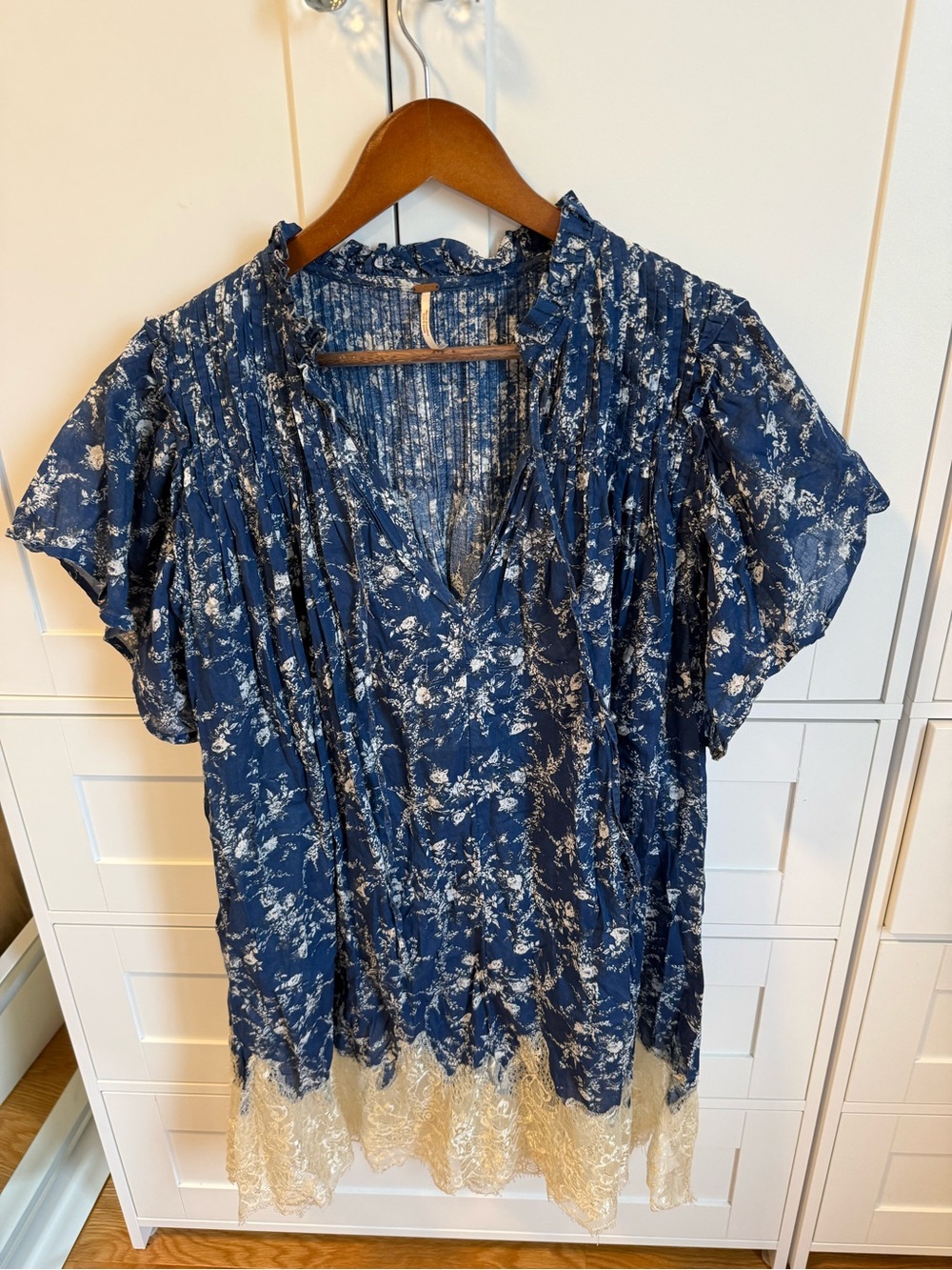 Free People Navy Blue Floral Mini Dress with Cream Lace Trim